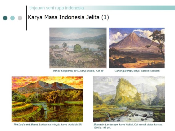 Lukisan-lukisan yang terdapat di dalam materi Tinjauan Sejarah Seni Rupa Modern Indonesia (disusun oleh Drs. Hery Santosa, M.Sn. dan Drs. Tapip Bahtiar, M.Ds.) yang dikirimkan Sibawaihi ke saya. Salah satunya (di posisi kiri atas) adalah lukisan karya Wakidi, "Danau Singkarak" (1942),