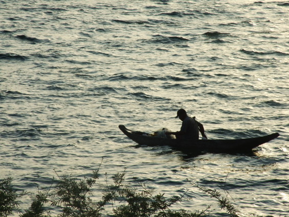 Nelayan penangkap ikan bilih dengan alat tangkap jaring dari atas sampan.